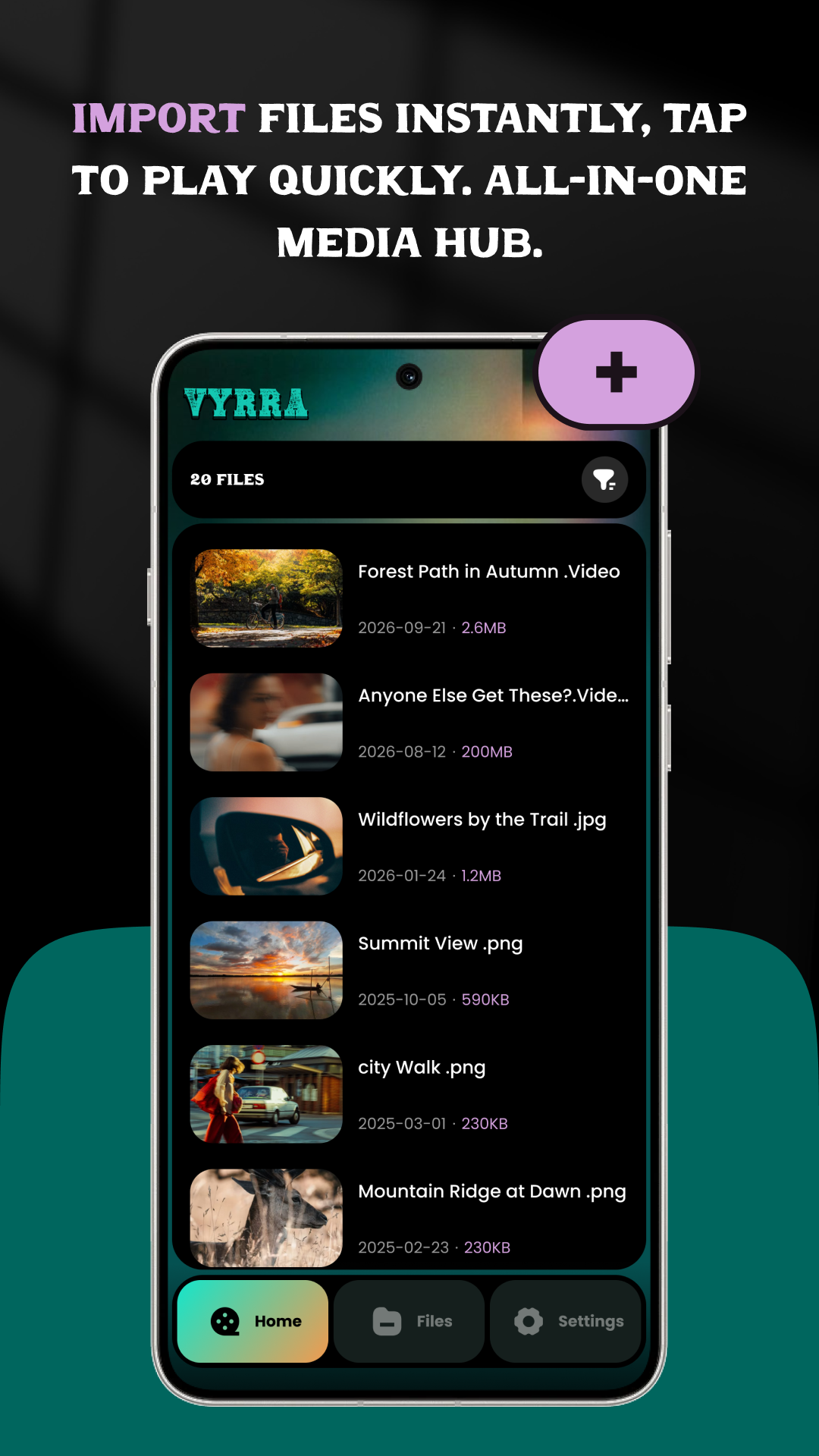 Vyrra home library listing videos and photos with name, date, and size.