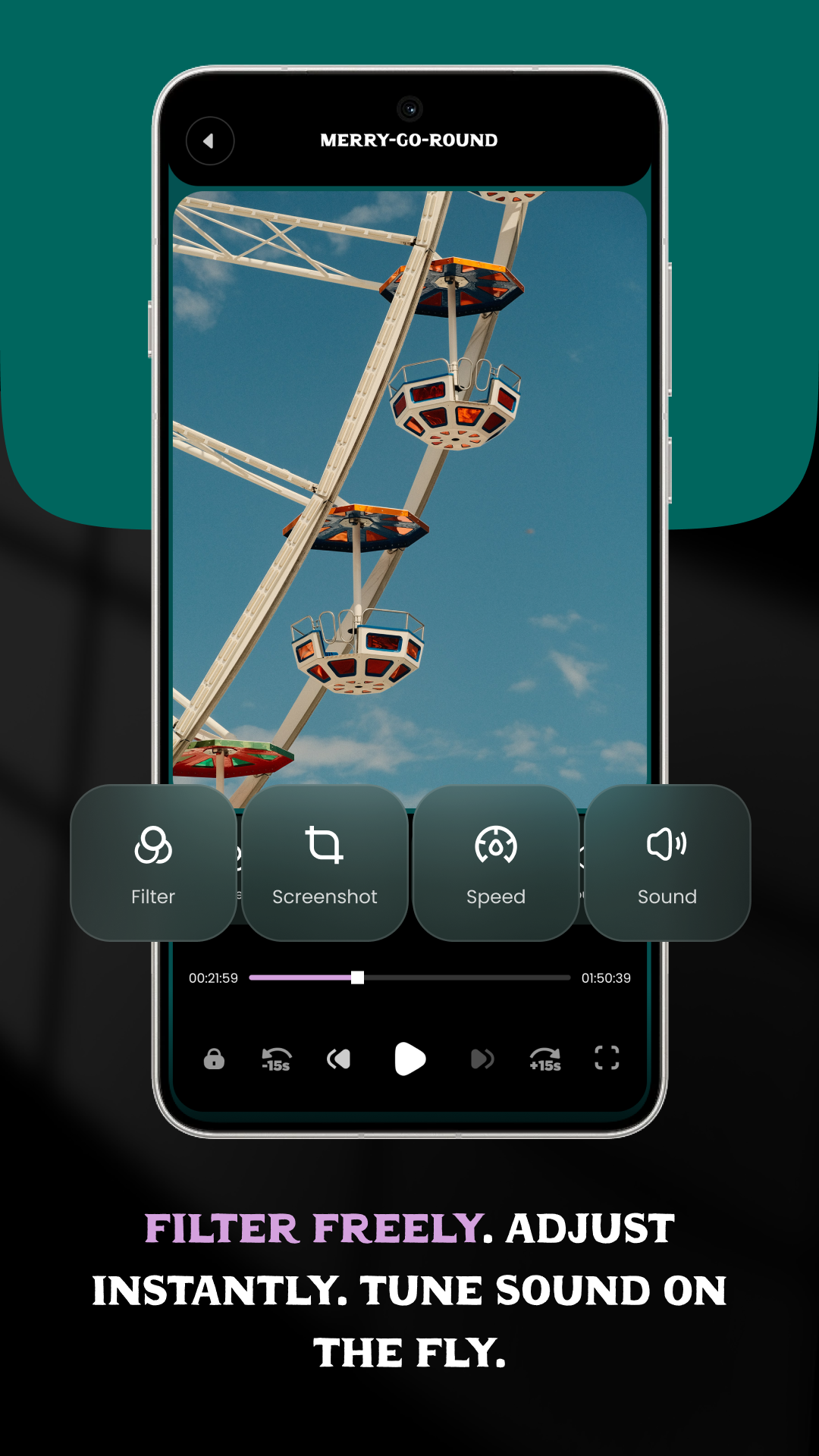 Vyrra player with filter, screenshot, speed, and sound controls.