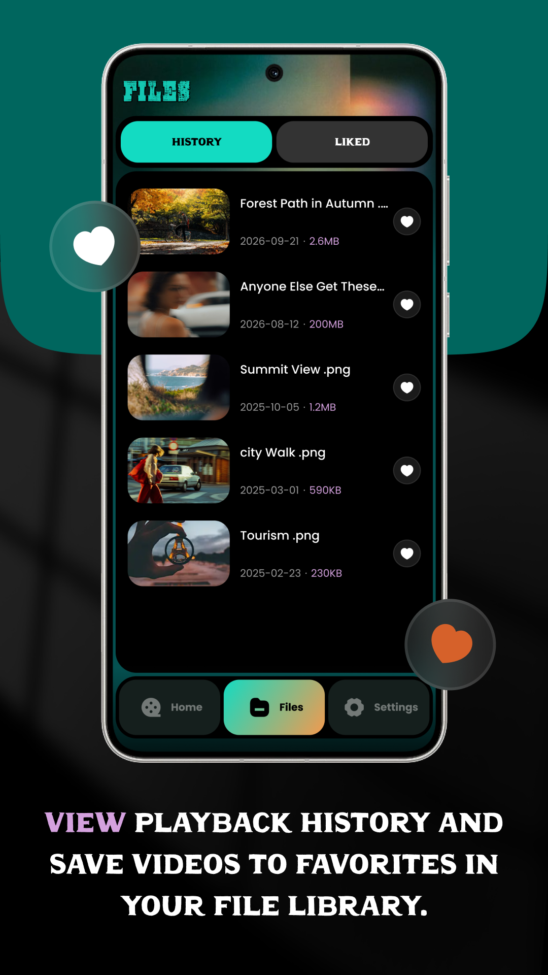 Vyrra Files tab with History and Liked.