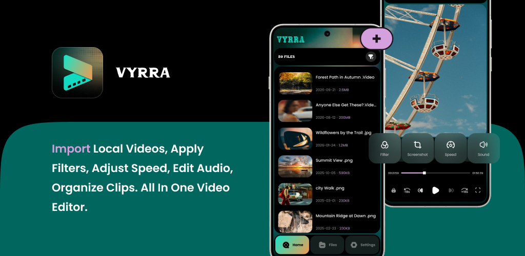 Vyrra promotional image: the app icon, a video library, and playback controls for filter, screenshot, speed, and sound.